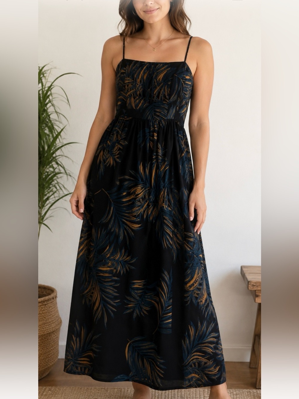 Goodthreads Black Maxi Dress with Blue and Mustard Leaf Print ,pockets!